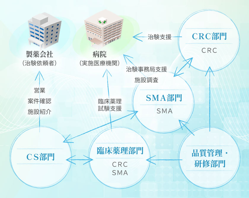 5つの部門が協調して、治験をサポートしています